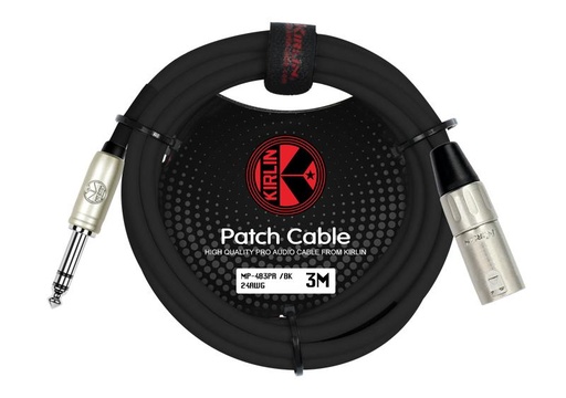 [MP-483PR-3M/BK] CABLE CONEXION UNICA KIRLIN, TRS 1/4 BALANCEADO - XLR MACHO, CAPA LISO NEGRO, 3 METROS, 24 AWG