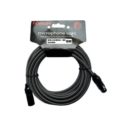 [MW-220BG-6M/BK-20AWG] CABLE PARA MICROFONO KIRLIN, XLR MACHO - XLR HEMBRA, CAPA DE TELA NEGRO RAYADO, 6 METROS