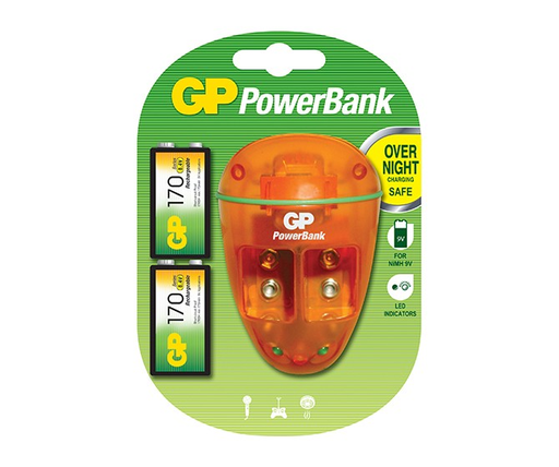 [GPACCPB09017] CARGADOR DE BATERIAS CUADRADAS 9V GP, INCLUYE 2 BATERIAS 9V.