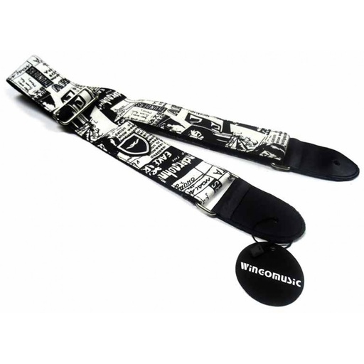 [WS-115BK-WH] CINCHO BOCHELI, PARA GUITARRA/BAJO, CON DISEÑO DE LETRAS EN BLANCO Y NEGRO