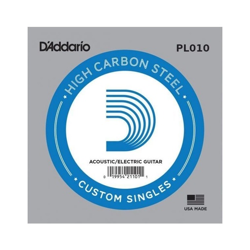 [PL010 1] CUERDA INDIVIDUAL D´ADDARIO, PARA GUITARRA ELECTRICA/ACUSTICA, METAL, 1ER CUERDA, CALIBRE .010 HIGH CARBON STEEL (4H21 2A)