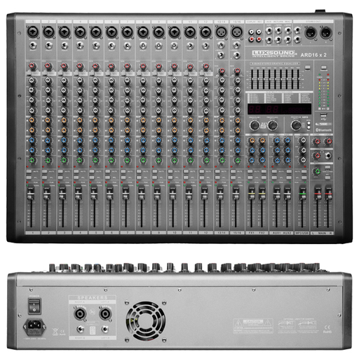 [ARD-16X2] MEZCLADORA ACTIVA (CONSOLA AMPLIFICADA) LUXSOUND, 2X380 WATTS, 6 CANALES, EQ GRAFICO, FX, MP3/USB