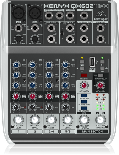 [QX602MP3] MEZCLADORA PASIVA BEHRINGER, XENYX, 6 ENTRADAS (2XLR) (2 STEREO) 2 BUSES, USB MP3, REVERB Y DELAY