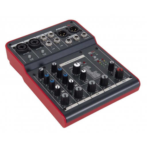 [MQ6FX] MEZCLADORA PASIVA PROEL, 6 CANALES (2 HIBRIDOS) (2 STEREO), FX, COLOR NEGRO Y ROJO