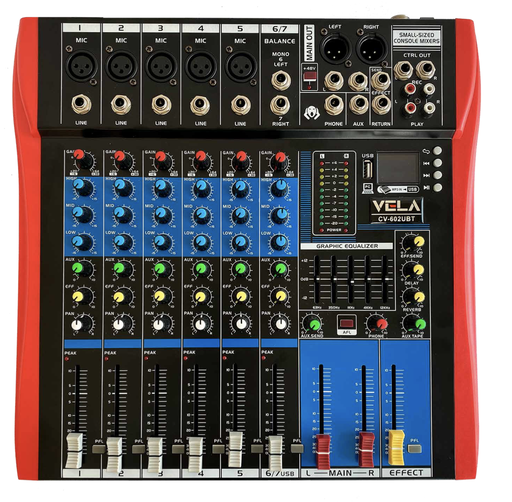 [CV-602UBT] MEZCLADORA PASIVA VELA, 6 ENTRADAS XLR, EQ/USB/BT/MP3/FX/48V