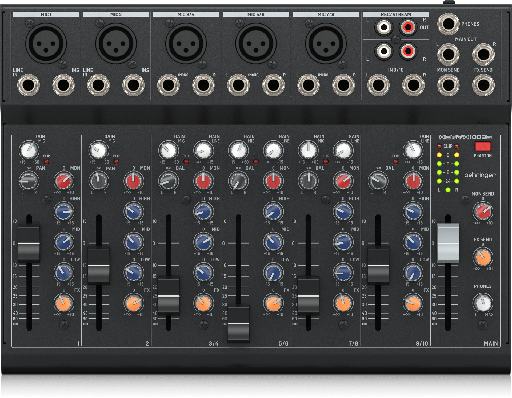 [1003B] MEZCLADORA PASIVA XENYX BEHRINGER, 10 ENTRADAS (5XLR) 2 BUSES, OPCION DE USO CON BATERÍA 9V