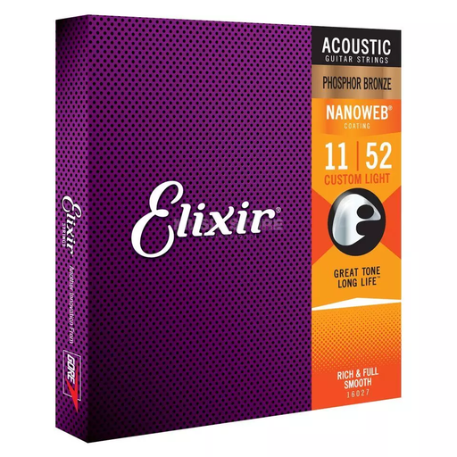[16027] SET DE CUERDAS ELIXIR, PARA GUITARRA ACUSTICA, PHOSPHOR BRONZE, CALIBRE 11-52, NANOWEB