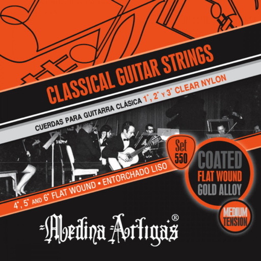 [CMA-MA550] SET DE CUERDAS MEDINA ARTIGAS, PARA GUITARRA CLASICA, NYLON, 1º, 2º,3º NYLON ESPECIAL - 4º,5º,6º ENTORCHADO FLAT NARANJA