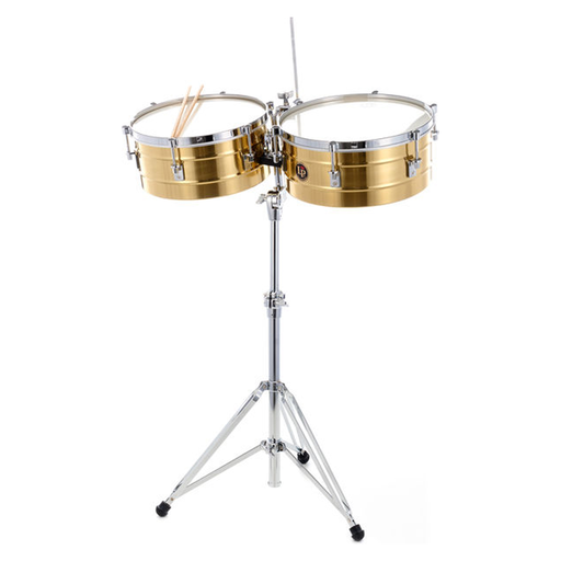[LP257-B] SET DE TIMBALES LP, SERIE TITO PUENTE, LATON COLOR DORADO, MEDIDAS 14 Y 15, CON SOPORTE CROMADO
