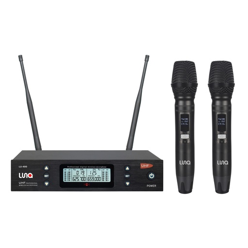 [LU-400] SISTEMA MICROFONO DOBLE INALAMBRICO LUNA, UHF, DINAMICO, DIGITAL, DE MANO, CON RECEPTOR, 70 METROS DE ALCANCE MAXIMO, 200 FRECUENCIAS INTERCAMBIABLES.
