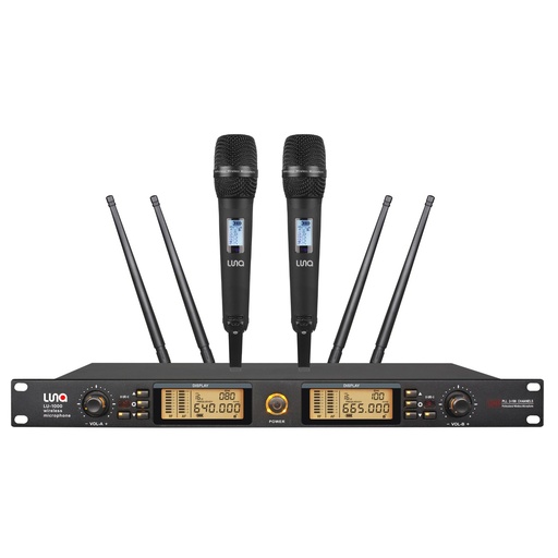 [LU-1000] SISTEMA MICROFONO DOBLE INALAMBRICO LUNA, DINAMICO, DIGITAL, DE MANO, CON RECEPTOR, 200 METROS DE ALCANCE MAXIMO, NEGRO MATE