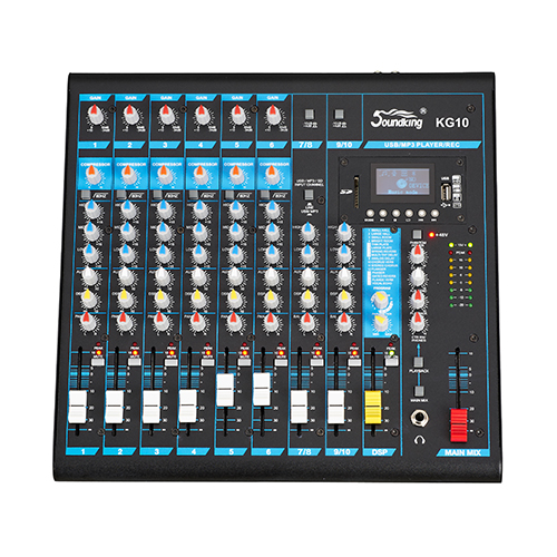 [KG10] MEZCLADORA PASIVA SOUNDKING, (CONSOLA ANALOGA) 10 ENTRADAS (6 XLR/LINE) (4 PLUG MONO), 48V+, 6 SALIDAS (4 PLUG MONO) (2 XLR MAIN LR), RCA IN/OUT, USB REC/PLAY, BT, EFX, COMP.