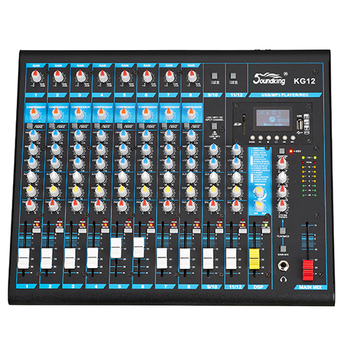 [KG12] MEZCLADORA PASIVA SOUNDKING, (CONSOLA ANALOGA) 12 ENTRADAS (8 XLR/LINE) (4 PLUG MONO), 48V+, 6 SALIDAS (4 PLUG MONO) (2 XLR MAIN LR), RCA IN/OUT, USB REC/PLAY, BT, EFX, COMP.