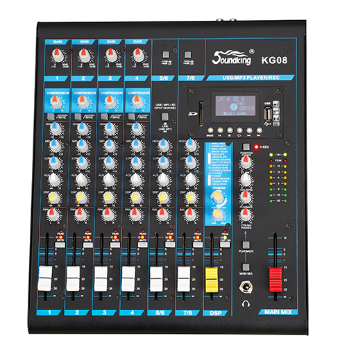 [KG08] MEZCLADORA PASIVA SOUNDKING, (CONSOLA ANALOGA) 8 ENTRADAS (4 XLR/LINE) (4 PLUG MONO), 48V+, 6 SALIDAS (4 PLUG MONO) (2 XLR MAIN LR), RCA IN/OUT, USB REC/PLAY, BT, EFX, COMP.