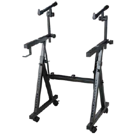 [DF084-7] PEDESTAL PARA DOBLE TECLADO SOUNDKING, BARRA CUADRADA, ESTILO Z CON REFUERZO TRASERO, CON SOPORTE PARA AUDIFONOS Y DOS CORREAS, CON RODOS, AJUSTABLE, COLOR NEGRO