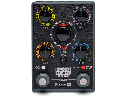 [POD EXPRESS BASS] PROCESADOR MULTI-EFECTOS LINE 6, SERIE EXPRESS BASS INT, PARA BAJO, 7 MODELOS DE AMPLIFICADORES, 7 PANTALLAS, 17 EFECTOS 17 EFECTOS DE DISTORSION, COMPRESION, SINTETIZADOR, MODULACION Y DELAY, INCLUYENDO UN LOOPER.