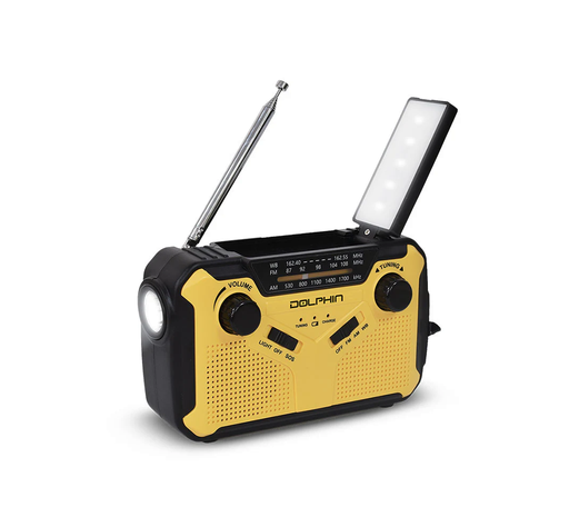 [R-100C YELLOW] RADIO DE EMERGENCIA DOLPHIN, DE 3 BANDAS, CON WAVESYNC ™, CON LINTERNA INCORPORADA, RECARGABLE CON ENERGÍA SOLAR, MANIVELA, USB O PILAS AAA
