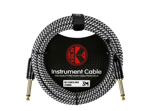 [K-IW-241BCG-3M-BKB] CABLE PARA INSTRUMENTO KIRLIN, TS 1/4 - TS 1/4, CAPA CUBIERTO DE TELA GRIS/ NEGRO, PLUG DORADO, 3 METROS, 24 AWG