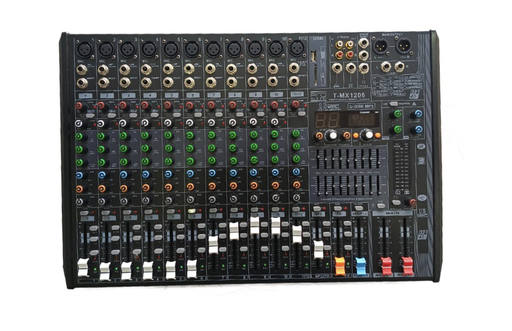 [T-MX1206] MEZCLADORA PASIVA PROSOUND, (CONSOLA ANALOGA) 12 ENTRADAS (11 XLR/LINE) (4 PLUG MONO), 48V+, 5 SALIDAS (2 XLR MAIN LR), RCA IN/OUT, USB REC/PLAY, BT, FX, COMP.