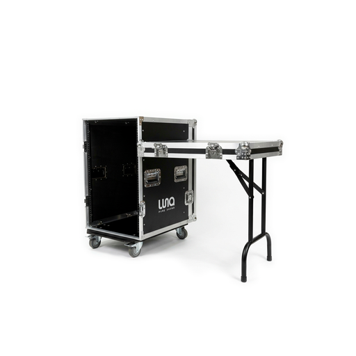 [LU-YB16] HARD CASE, RACK DE GIRA PROFESIONAL, LUNA, CON RUEDAS, 16U, MESA PLEGABLE INTEGRADA, COLOR NEGRO, ORILLAS COLOR PLATEADO.