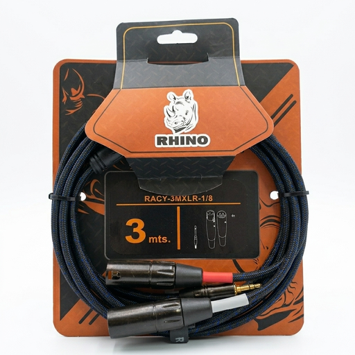 [RACY-3MXLR-1/8] CABLE (Y) RHINO, (PARA MUSICA) TRS 1/8 - 2x XLR MACHO (TIP-RING), RECUBRIMIENTO DE TELA NEGRO, 3 METROS