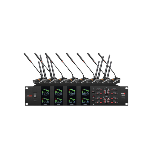 [LU-309] SISTEMA DE MICROFONIA PARA CONFERENCIAS LUNA, UHF, INALAMBRICO, CONTIENE 1 RECEPTOR + 8 BASES DE CONFERENCIA CON CUELLO DE CISNE, ELEGANTE, CANALES INDEPENDIENTES, 400 FRECUENCIAS INTERCAMBIABLES, 80 METROS ALCANCE MAXIMO.